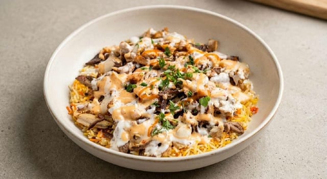 Beef Shawarma Over Rice.