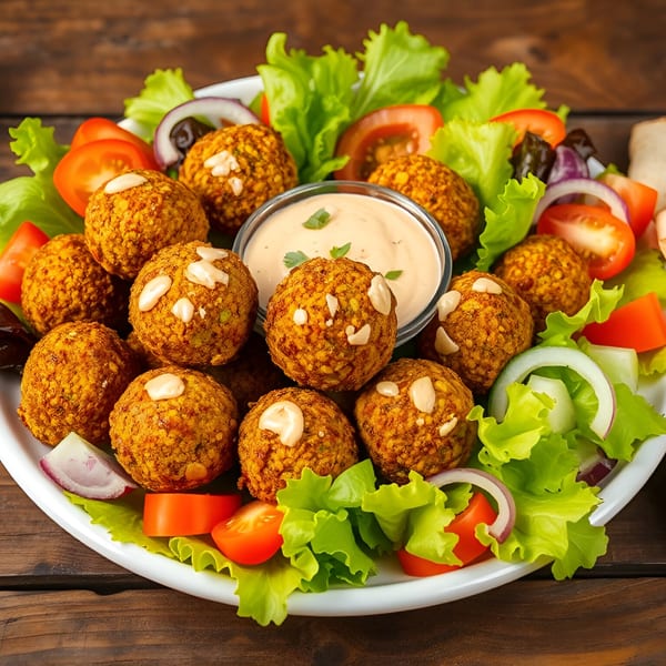 A plate of Shawarma Zone falafel with salad, tomatoes, red onions, and a dipping sauce.