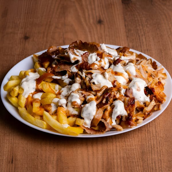 Shawarma Zone's chicken and beef shawarma with fries, drizzled with white sauce and ketchup.